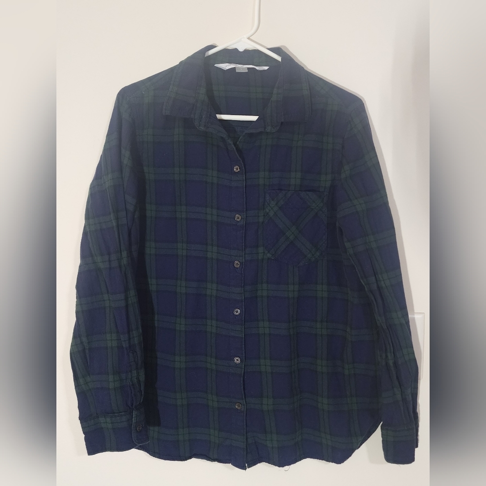 Old Navy Blue and Greed Plaid Flannel Button-up Shirt Women's Size L